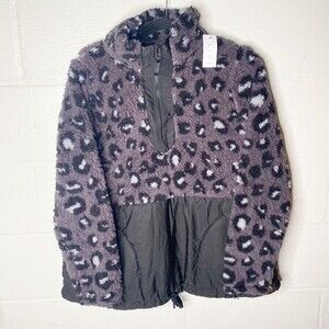 Livi Women Pullover Sweatshirt  1/4 Zip Faux Fur Jacket Sz L Cheetah Animal Blac